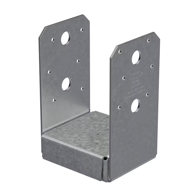 The Simpson Strong-Tie ABU ZMAX® Wood to Concrete 4-in x 4-in bracket features a flat base and upright sides with multiple holes, designed to secure wooden posts to concrete and improve uplift performance in construction.